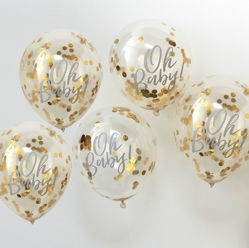 5 OH Baby Balloane transparente cu confetti metalice de aur 30 cm