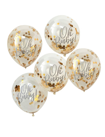 5 OH Baby Balloane transparente cu confetti metalice de aur 30 cm