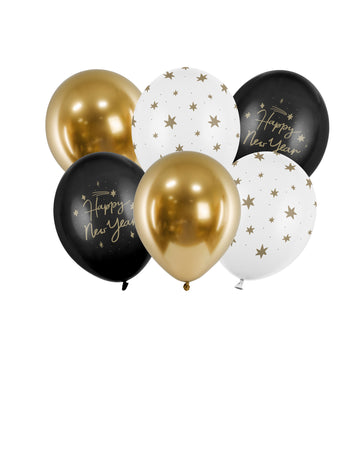 6 Happy Anul Nou Balloane Noir și Gold 30 cm