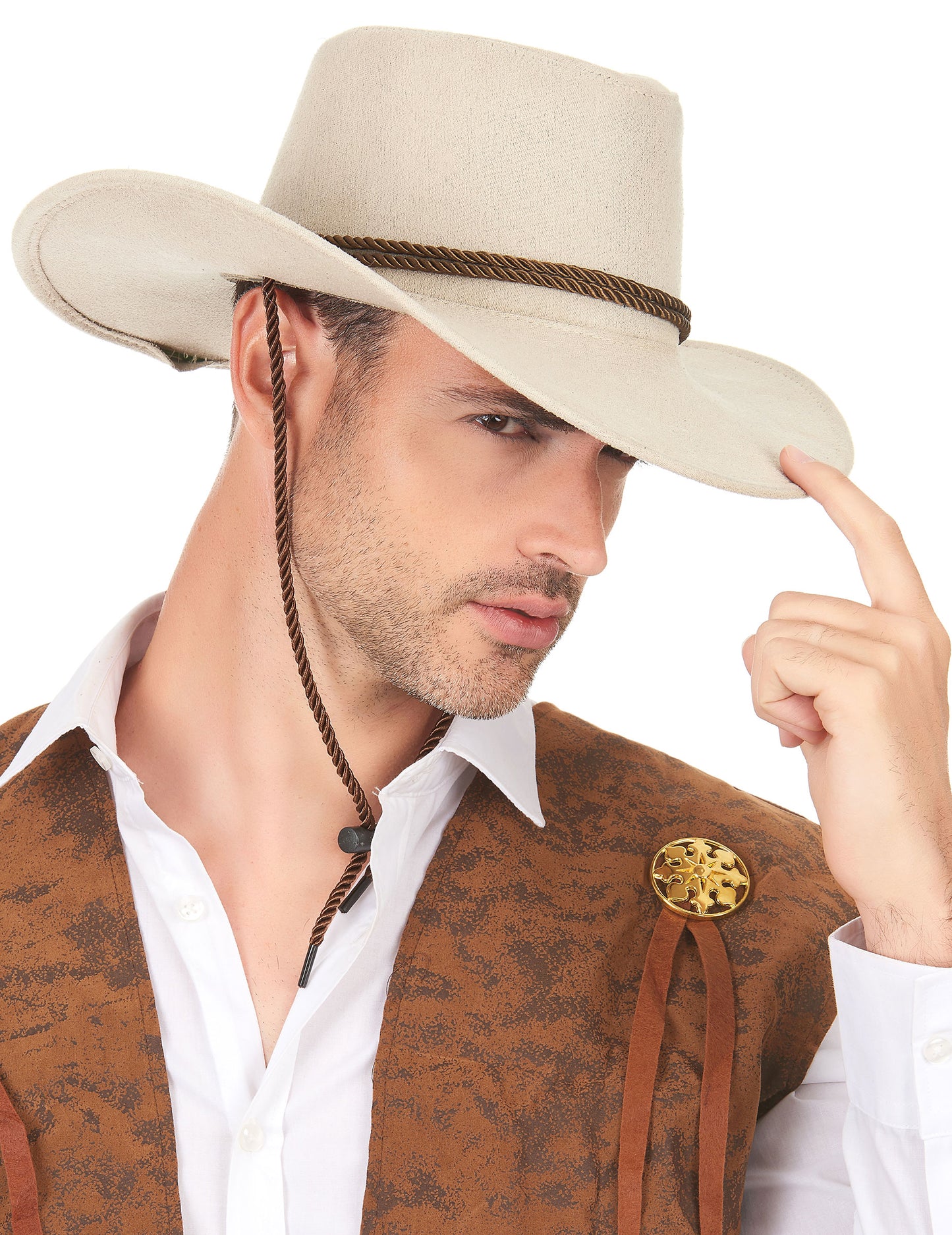 Pălărie de cowboy de lux bej în piele de căprioară pentru adulți