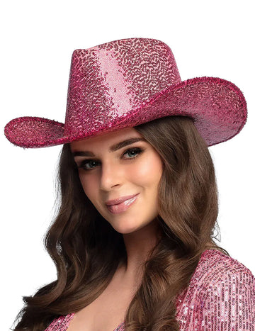 Pălărie de cowboy cu paiete roz fucsia pentru adulți