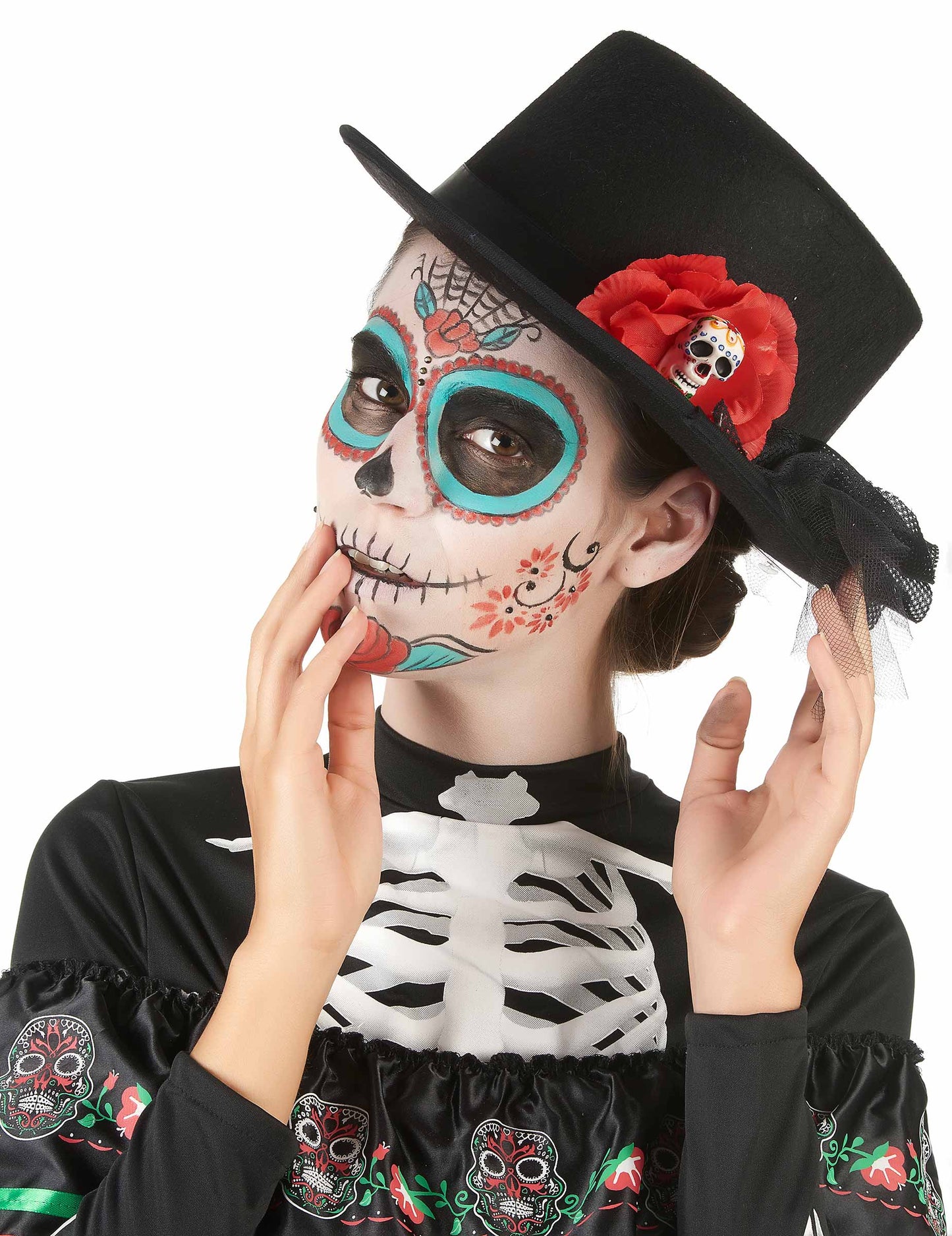 Pălărie neagră cu craniu craniu dia de los muertos adult