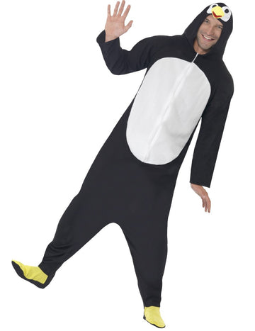 Costum combinat de pinguin cu capotă pentru adulți