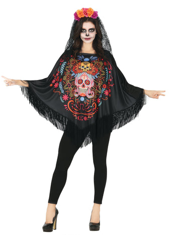 Schelet colorat Poncho Dia de los Muertos Adult