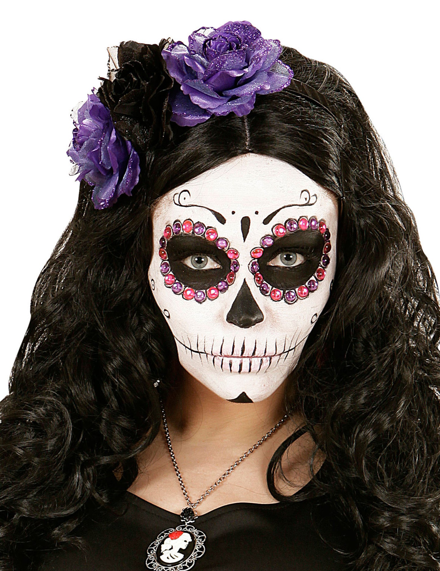 Violet și Black Flowers Bands Woman Dia de los Muertos