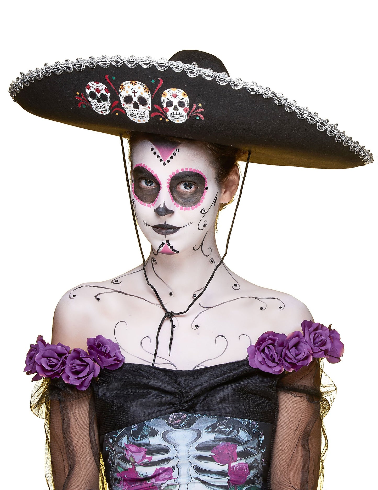 Sombrero negru dia de los Muertos Finisaje de argint pentru adulți